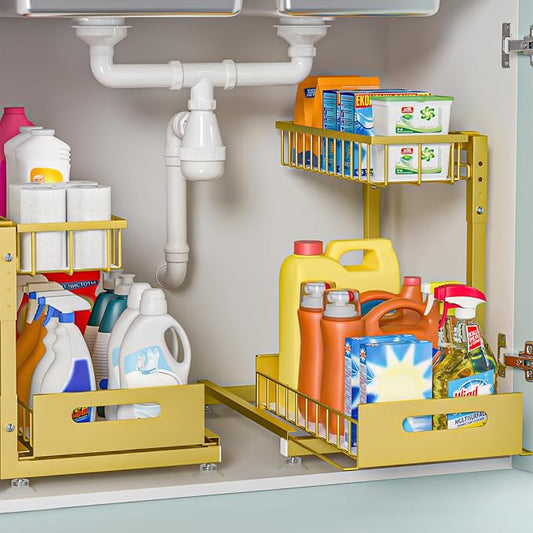 2-Pack L-Shaped Under Sink Organizer, 2-Tier Pull-out Cabinet Rack | Gold Height-Adjustable Steel Rack, Sliding Grid Drawers with PP Liners, Holds 100 Lbs, Suction Base, Ideal Kitchen Storage by Saydear