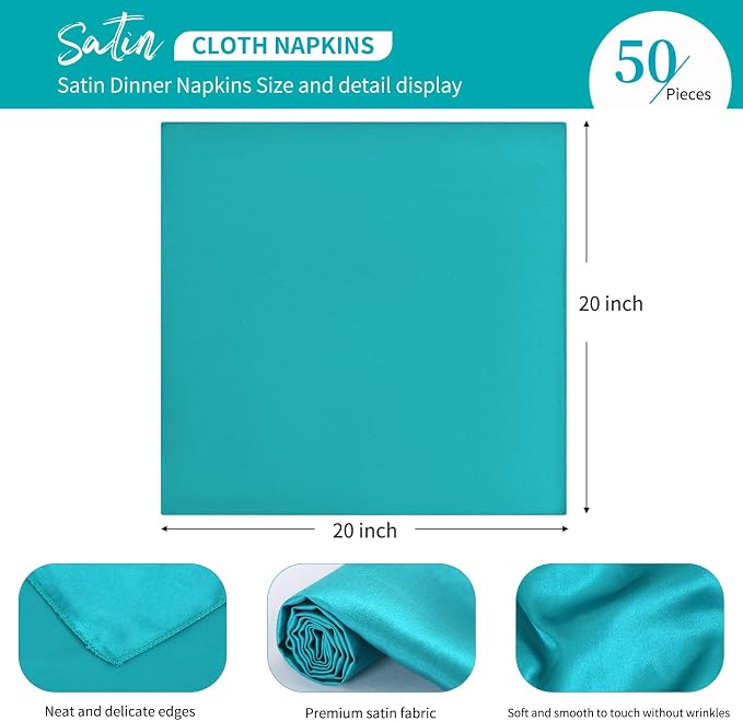 50 PCS Turquoise Square Satin Cloth Napkins, 20 X 20 Inch | Soft Smooth, Washable Reusable, Silk Dinner Table Napkins Bulk, for Weddings Parties Banquets Dining and Restaurants - Image 3