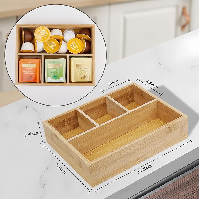 Tea Bag/Sugar Packet Holder,Coffee Station Condiment Organizer,Bamboo Tea Organizer,Large 4-Compartment Organizer Tray for Drawer/Shelf/Countertop,10.2 x 7.9 x 2.4 inch - Image 2