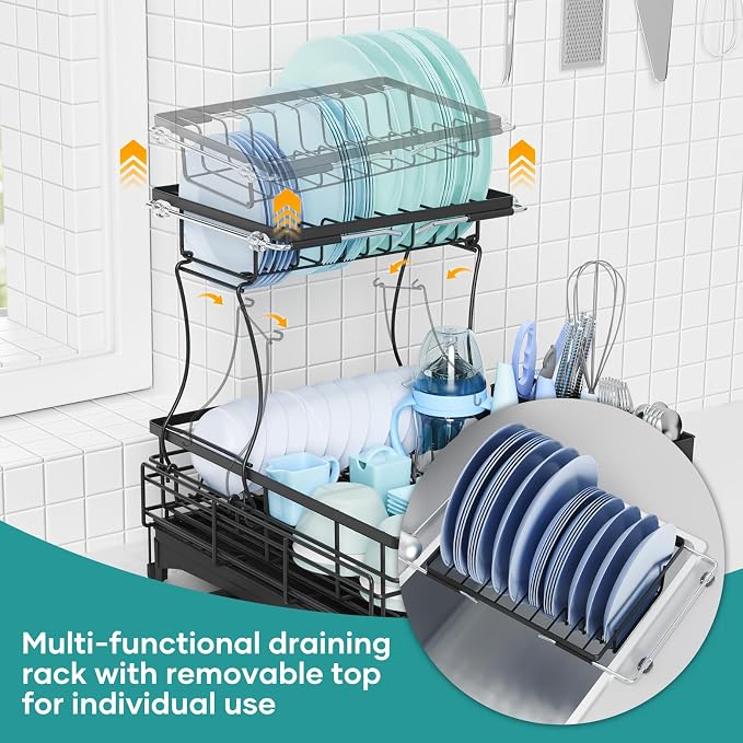 Dish Drying Rack for Kitchen Counter, Extendable Dish Rack with Drainboard, Kitchen Countertop 2 Tier Dish Drying Rack, Expandable Dish Strainer with Cutlery Holder, Removable Cutlery Holder（Black） - Image 3
