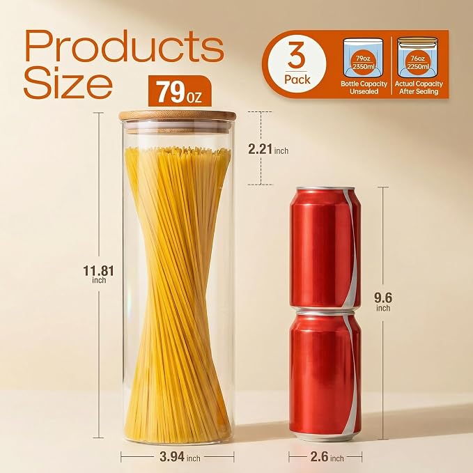 HomArtist Glass Jars with Bamboo Lids 79 FL OZ [Set of 3], Glass Canisters with Airtight Lids, Glass Food Storage Containers for Spaghetti, Fettuccine, Linguine,Pasta, Best for Kitchen & Pantry - Image 3