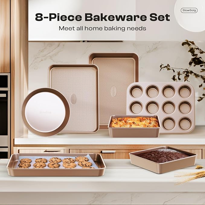Baking Pans Set 8-Piece Bakeware Sets, Baking Sets for Nonstick Pan Set | Cooking Nonstick Oven Pan Set, Baking Sheet Set, Cookie Sheets for Baking, Muffin Pan, Cookie Sheets (Ceramic Coated Gold) - Image 8