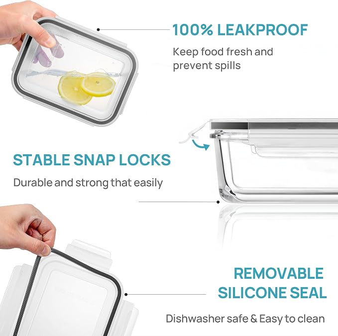 Vtopmart 5Pack 30oz Glass Meal Prep Container Sets with Lids, Grey | Glass Food Storage Containers, Snap Airtight Lid, For Microwave, Oven, Freezer and Dishwasher Safe, BPA Free - Image 6