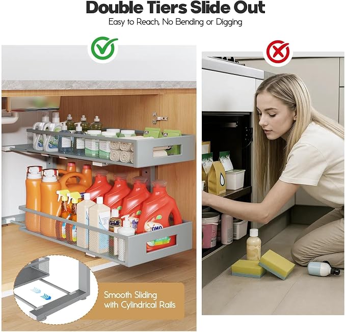 2 Packs 21IN Depth Under Sink Organizer, 2-Tier Pull Out Cabinet Organizer With Smooth Circular Rail, Large Capacity Metal Mesh Sliding Drawers For Bathroom& Kitchen Storage,Height Adjustable-Gun Gray - Image 7