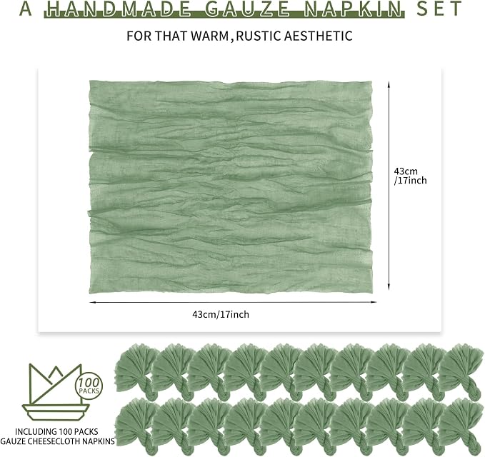 100 Pieces Cloth Napkins Sage Green Dinner Cheesecloth Napkins for Wedding,Wrinkled Cloth Napkins Bulk for Home Party Rustic Table Decoration, 17 x 17 Inch - Image 2