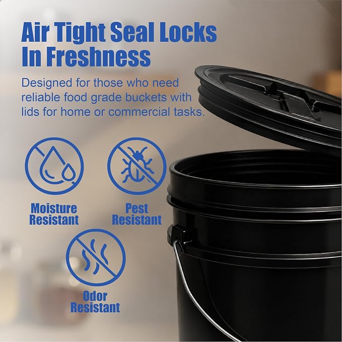 5 Gallon Bucket - Food Grade w/Lid BPA-Free, Black/Black, 3 | Airtight Gamma Seal Screw-On Lid, Heavy-Duty 90 Mil HDPE Plastic, Food Safe and Durable Container, Bulk Storage, Made in USA - Image 5