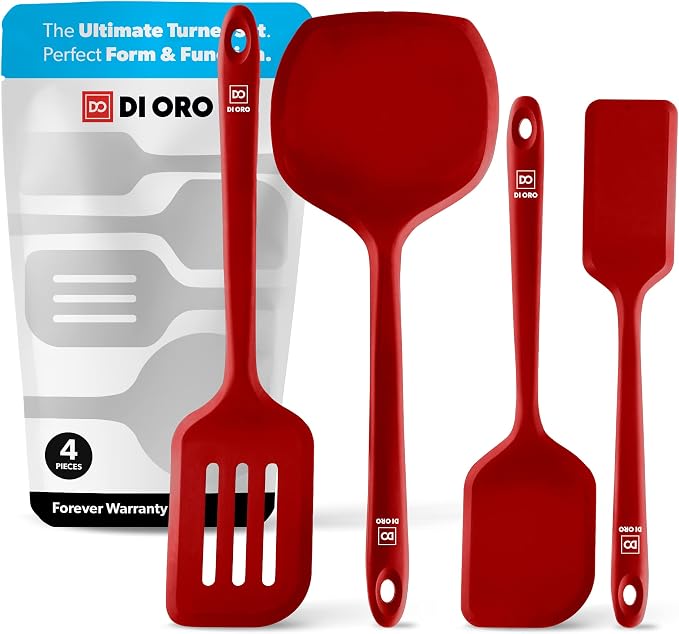 New DI ORO Seamless Series Moda 4-Piece Silicone Turner Spatula Set - 600°F Heat-Resistant Flexible Kitchen Spatulas for Nonstick Cookware - Flippers for Eggs & Pancakes - Utensils for Cooking (Red) by DIORO