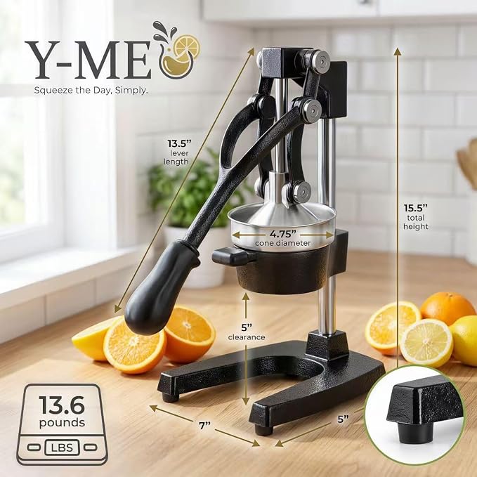 Y-ME Cast Iron Juicer, Heavy Duty Manual Citrus Press & Lemon Squeezer, Hand Juicer with Stainless Steel Strainer, for Orange, Lemon, Lime & Grapefruit, Black - Image 6