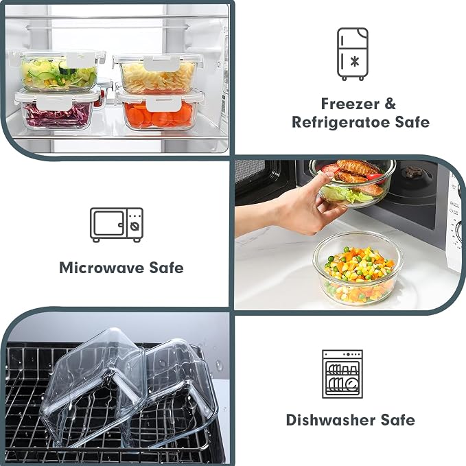 VERONES 30 Pieces Glass Food Storage Containers Set with Lids, White | Stackable Glass Meal Prep Containers Set with Lids, Airtight Lunch Containers, for Microwave, Oven, Freezer & Dishwasher - Image 3
