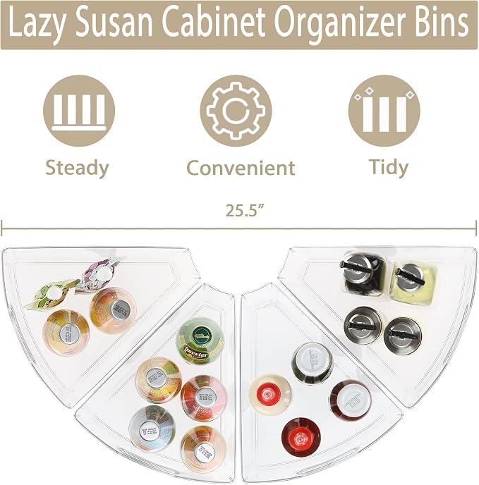 URALFA Lazy Susan Organizer, 1/8 Wedge Corner Cabinet Bins, Set of 4 | 10"x9.5"x4" Clear Plastic Bins with Handle, BPA-Free Food Safe, Fits 26"/28"/32" Lazy Susan, 4" Deep Storage - Image 3
