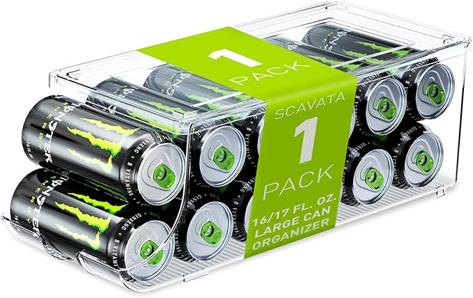 SCAVATA Soda Can Organizer for Refrigerator for Tall Cans of 16oz & 17oz, Stackable Beverage Cans Container Holder Dispenser with Lid for Fridge Pantry Rack Freezer (One Pack) by Tidyyourlife