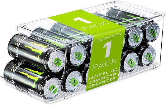 SCAVATA Soda Can Organizer for Refrigerator for Tall Cans of 16oz & 17oz, Stackable Beverage Cans Container Holder Dispenser with Lid for Fridge Pantry Rack Freezer (One Pack) by Tidyyourlife