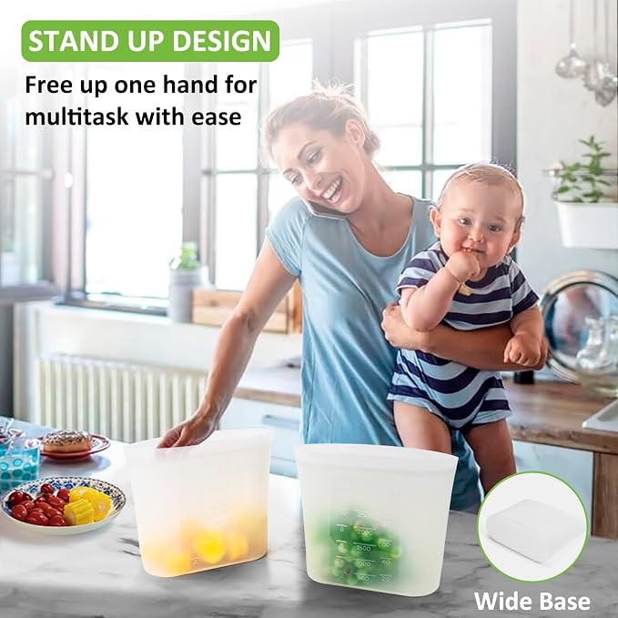 Reusable Storage Bags, Set of 2 Large Sizes, 8 Pack 100% Silicone Food Storage Bags Stand Up Zip Lock Bag for Food, Freezer Microwave Oven Dishwasher Safe, 4 XL-4/5 Gallon, 4 L-1/2 Gallon, Translucent - Image 4
