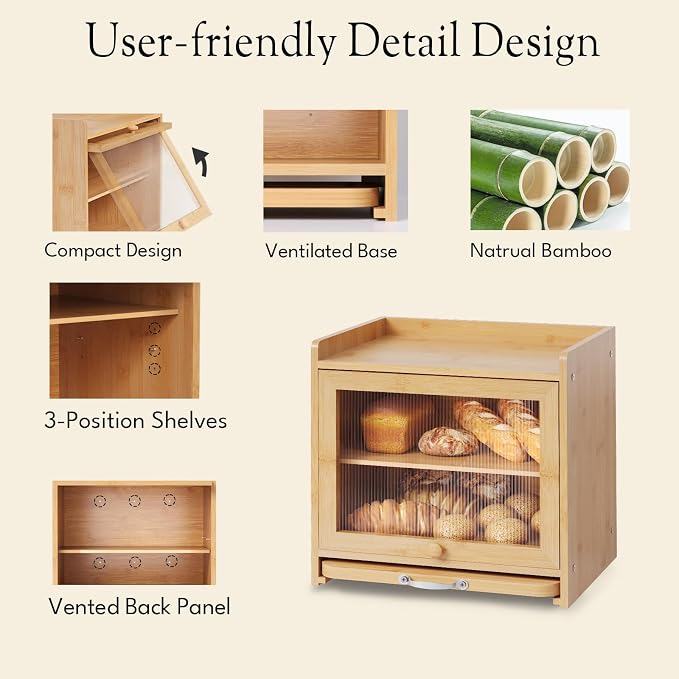 Bamboo Bread Box, Double Layer, Cutting Board, Kitchen, Natural | See-Inside Acrylic, Magnetic Closure, Countertop Bread, Fruit, Tea, Coffee Storage, Rear Vents Stay Fresh, Adjustable Shelf - Image 7