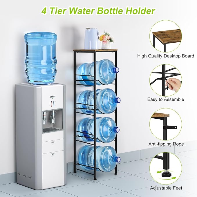 ETELI 5 Gallon Water Bottle Holder Organizer 4 Tier Water Cooler Jug Rack with Storage Shelves Water Bottle Dispenser Stand for Kitchen Living Room Office, Black and Brown - Image 3