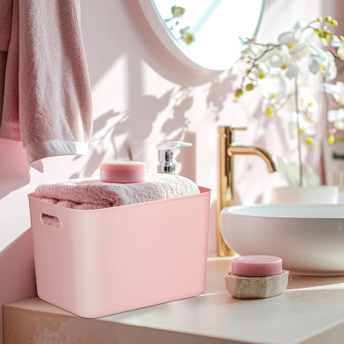 8 Pieces Colorful Storage Bins with Lid, Plastic Storage Basket Organizing Container Stackable Box with Handle for Shelves Desktop Playroom Office(14.2 x 10.2 x 9.5 Inch,White and Pink) - Image 6