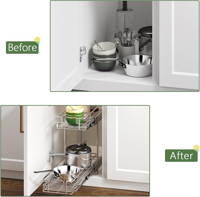 2 Tier Individual Pull Out Cabinet Organizer 9" W x 21½" D, Heavy Duty Cabinet Pull Out Shelves, Slide Out Drawers Organization for Kitchen Cabinets Bathroom - Image 8