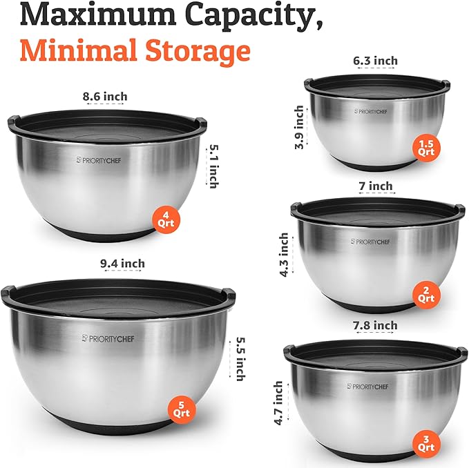 Premium Mixing Bowls With Lids Set, Airtight Lids, Thicker Stainless Steel, Non-Slip Base, 5 Nesting Steel Bowls for Kitchen, Large Prep Metal Bowl Set 1.5/2/3/4/5 Qt, Black - Image 3