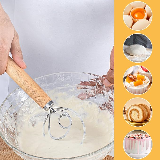 Danish Whisk 2 Pieces Danish Dough Whisk (33 cm & 24 cm) Stainless Steel Wire with Comfortable Wooden Handle Dutch Whisk for Making Cakes Cooking and Baking Sweets - Image 4