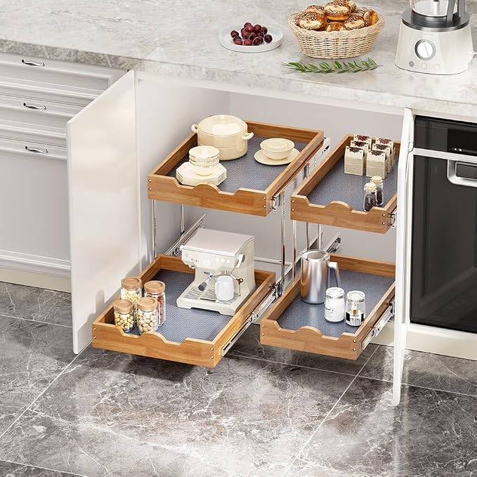 OCG 2 Tier Pull Out Cabinet Organizer (20"W x 21"D), Heavy-Duty Slide out Wood Drawer Shelf, Pull Out Drawer for Cabinets, Base Cabinet Organization for Kitchen, Pantry, Bathroom - Image 4