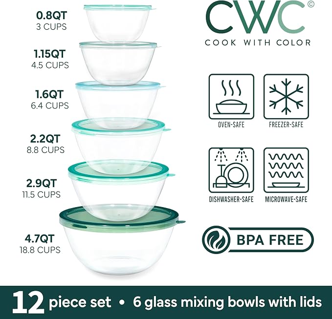 COOK WITH COLOR 12 Pc Glass Mixing Bowl Set with Lids – Borosilicate Glass Nesting Bowls for Cooking, Baking and Meal Prep, Sage - Image 2
