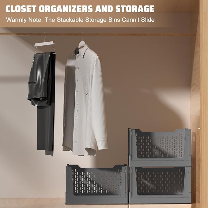 Stackable Plastic Storage Bins, 3 Pack Foldable Closet Organizers and Storage Basket with Wheels, Collapsible Drawer Shelf Storage Box Container for Office Bedroom Closet Wardrobe Kitchen Bathroom - Image 5