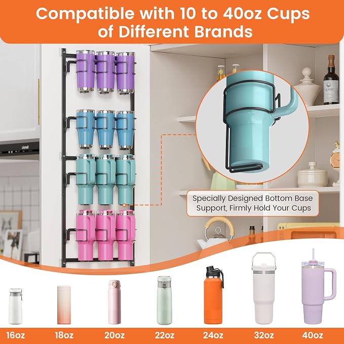 Housolution Water Bottle Tumbler Organizer Storage Holder Rack for Stanley | Upgrade Bottom Support Design for 10 to 40 oz Cup, Wall/Door Mounted, Compatible with Stanley and Other Brands - Image 2