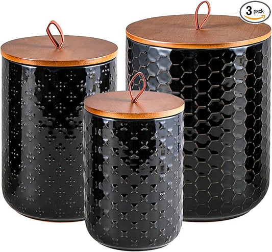 JOJUNO Black Ceramic Canister Set with Wooden Lids – 3-Piece Airtight Food Storage Jars for Kitchen, Embossed Design, Small/Medium/Large Sizes (30/48/82 oz) – Flour, Sugar, Coffee, Tea Containers by Unknown