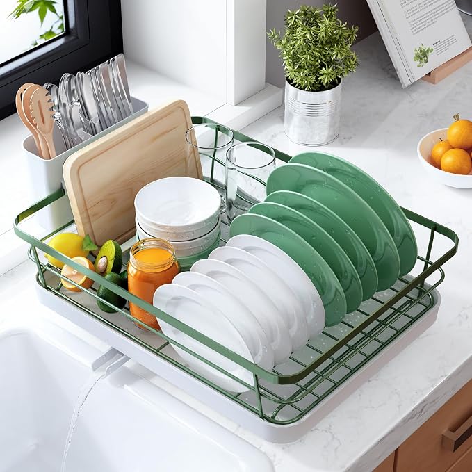 Kitsure Dish Drying Rack for Kitchen Counter, 12''W x 15.5''L, Green | Stainless Steel Sink Organization, Cutlery Holder, Home and Appartment Decor by Kitsure