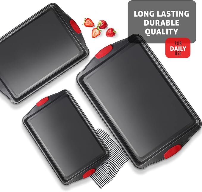 Baking Sheet Set, 3-Piece Cookie Sheet Set with Silicone Handles, Steel Baking Pan, Durable Baking Sheets for Oven, BPA Free Cookie Sheets for Baking Nonstick Set, Premium Sheet Pan, Black Baking Tray - Image 7