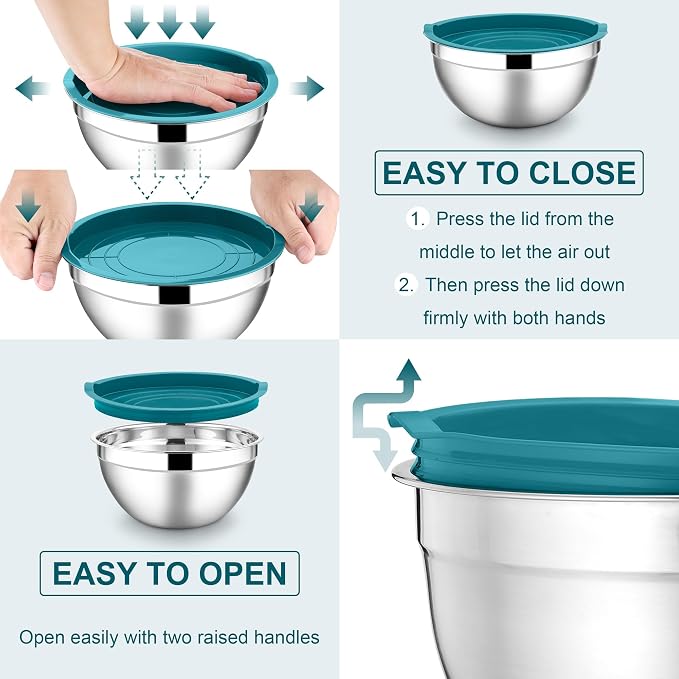 E-far Mixing Bowls with Lids Set, 7-Piece Stainless Steel Mixing Bowls with 3 Grater Attachments, Size 4.6, 3.5, 2.6, 2, 1.5, 1, 0.7QT, Metal Nesting Bowls & Blue Airtight Lids, For Baking/Cooking - Image 5