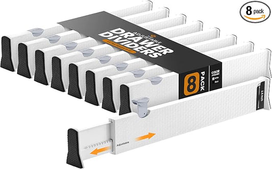 RAPTUROUS Adjustable Drawer Dividers, 2.5" Tall, Expandable 13-22", 8-Pack, Non-Slip for Dresser, Closet, Kitchen, Nursery, and Office (White) by Rapturous