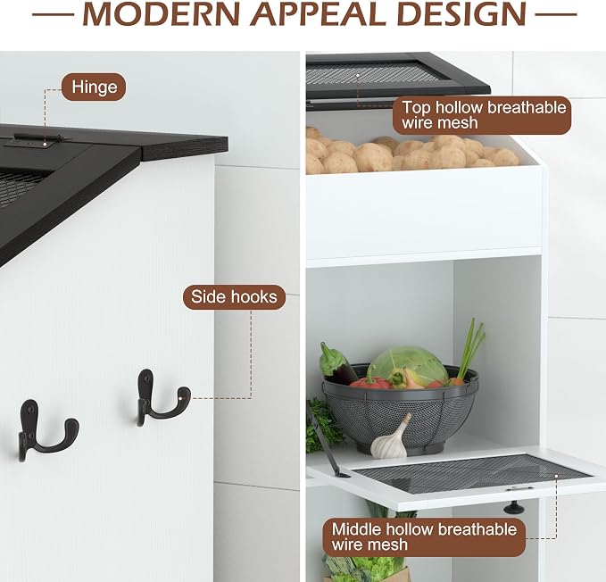 Wooden Potato and Onion Storage Bin w/Lid, Large Capacity and Ventilated Design, Ideal for Pantry, Kitchen White - Image 4