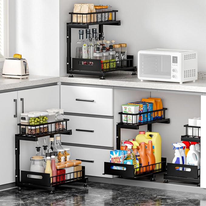 L-Shaped Under Sink Organizer, 2-Tier Pull-out Cabinet Rack 1-Pack | Black Height-Adjustable Metal Rack, Sliding Grid Drawers with Safety Stopper, Holds 100 Lbs, Ideal Kitchen Cabinet Storage - Image 3