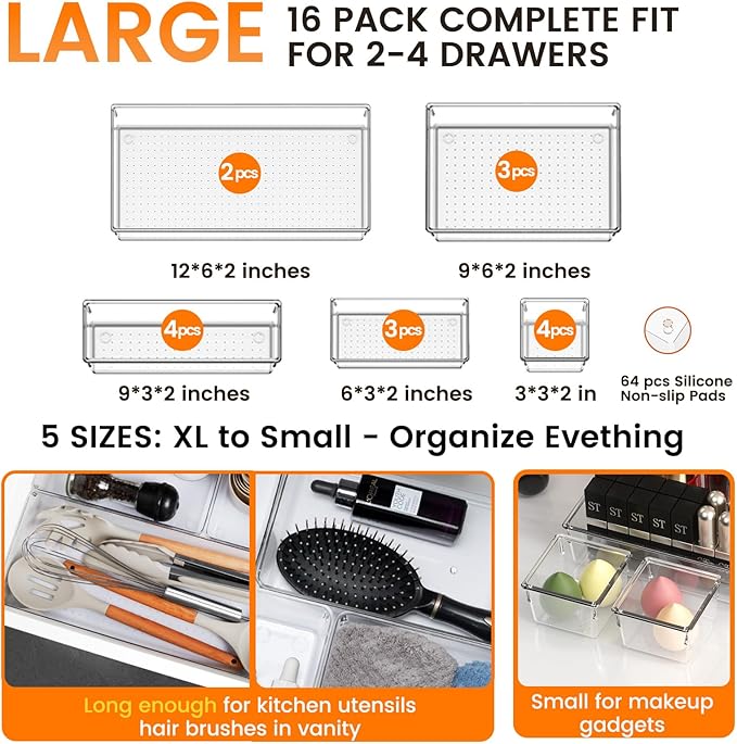 16 Pack Large Clear Plastic Drawer Organizer Bins - 5 Size Acrylic Bathroom and Vanity Organizers and Storage Trays for Makeup Office Home, Kitchen Drawer Organizer for Utensils, Gadgets - Image 2