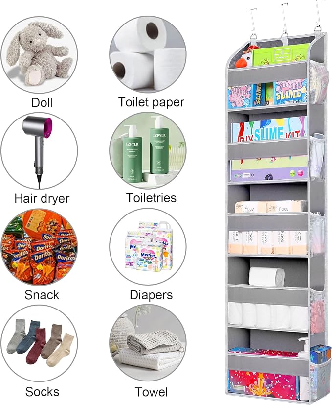 TAHAVICE 2 Pack Over the Door Storage Organizer, 5 Large & 10 Mesh Pockets | Hanging Storage Organizer with 40lb Capacity and Door Storage Space Saving for Bedroom,Bathroom,Nursery,Babyroom(Light Gray) - Image 3