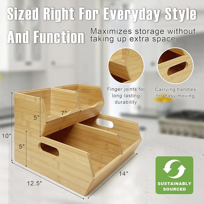 MinBoo Bamboo Stackable Pantry Storage Bins Potato and Onion Storage,Fruit Basket for Pantry Organization,Fruit Bowl for Kitchen Counter,Fruit and Vegetable Storage (Bamboo) - Image 2