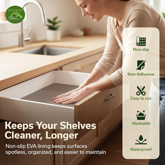 EVALAND Shelf Liner Cabinet Liner Non-Adhesive Drawer Liner 17.7 in x 33 FT | Non-Slip, Washable, Waterproof, Fridge Liners, Contact Paper, Shelf Liners for Cabinets, Kitchen, Refrigerator, Beige - Image 3