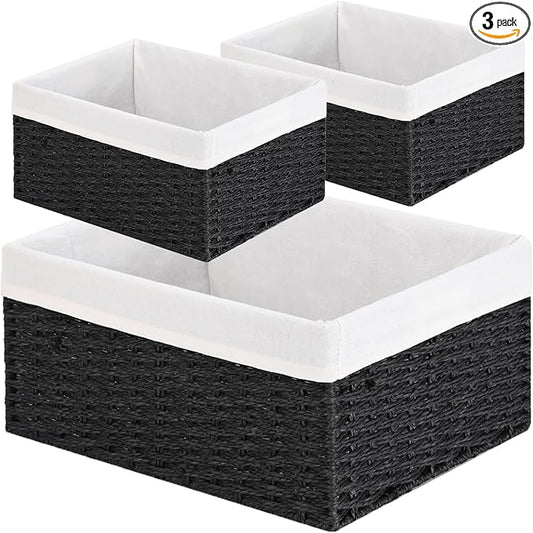 Storage Basket, 3-Pack Woven Paper Rope Wicker Baskets for Storage with Handles, 15 Inches Large Cube Storage Bins Woven Storage Baskets with Liners for Shelves Organizing & Decor, Black by Vagusicc
