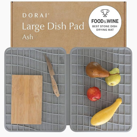 Dorai Home Dish Pad - Collapsable Stone Dish Drying Mat with Diatomaceous Earth for Quick Drying - Ultra Absorbent - Encased in Silicone - Eco-Friendly, Foldable - Large 24.6" x 16.5", Ash by DoraiHome