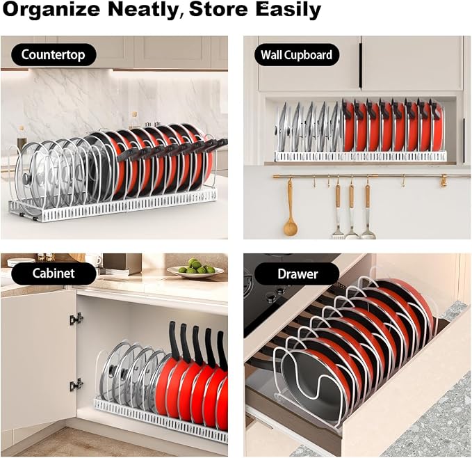 Housolution 2 Pack Pot and Pan Lid Organizer Holder Storage Rack, White | 12"-23" Expandable, 14 Adjustable Dividers, Sturdy Metal Construction, Easy Assembly - Image 6
