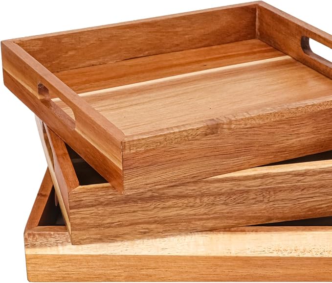 4 PCS Acacia Wood Serving Tray with Handles - 10 Inch Square Wooden Tray with Handles, Ideal as Breakfast, Coffee Table, Decorative, Serving(1.75 Inch Thickness) - Image 3