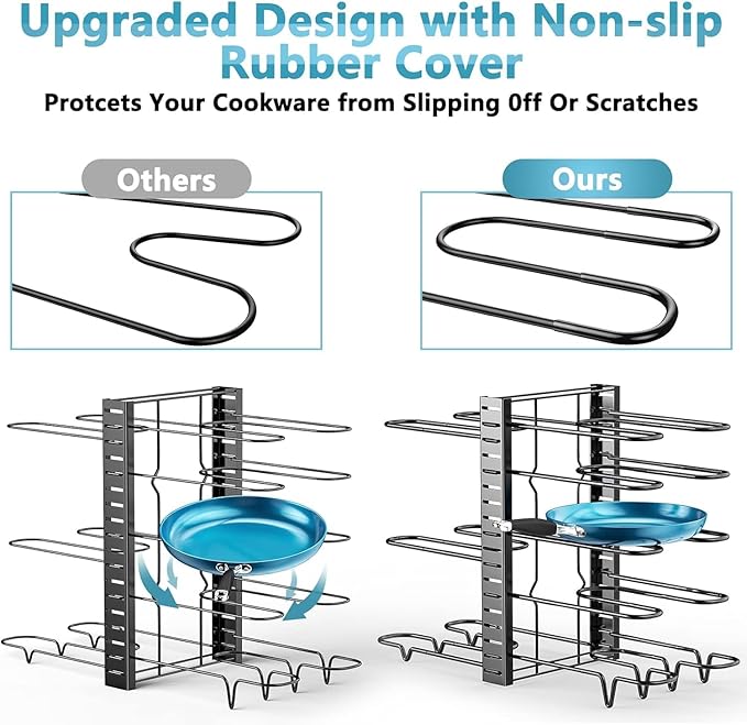 Pots and Pans Organizer Under Cabinet 16.6" 8-Tier Adjustable 2-Pack | 3 DIY Modes, Tool-Free Assembly, Non-Slip, Fits Lightweight Pots Up to 11", For Kitchen Cabinets, Shelves & Countertops - Image 6