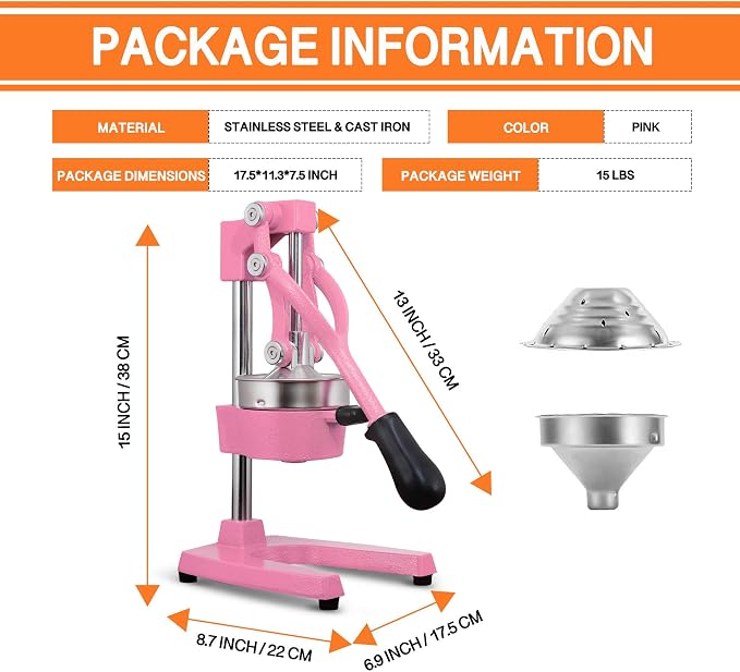Commercial Heavy Duty Cast Iron Hand Press Manual Orange Citrus Lemon Lime Grapefruit Pomegranate Fruit Juice Squeezer Machine with Stainless Steel Cup Pink - Image 7