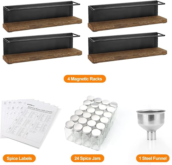 Magnetic Spice Rack with 24 Jars, 216 Labels, 1 Steel Funnel for Refrigerator，Microwave Oven - Full Set of Spice Organizer - Image 2