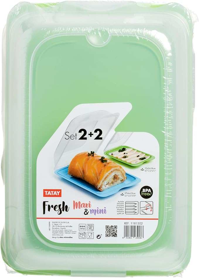TATAY Cold Meat Containers for Fridge | Set of 4: 2 Maxi + 2 Mini | Fridge Storage | Removable Lid, Stackable | Microwave, Freezer and Dishwasher Safe | BPA-Free, Colour Blue and Lime - Image 4