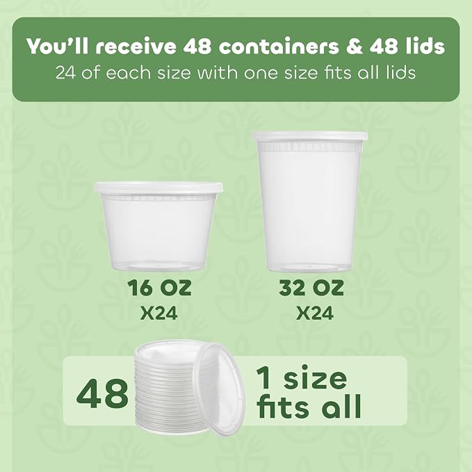 48 Sets Plastic Deli Containers with Lids - 16oz Pint & 32oz Quart | Leak Proof, Microwaveable, Dishwasher & Freezer Safe - Plastic Food Storage, Meal Prep, Restaurant & Soup Containers - Image 2