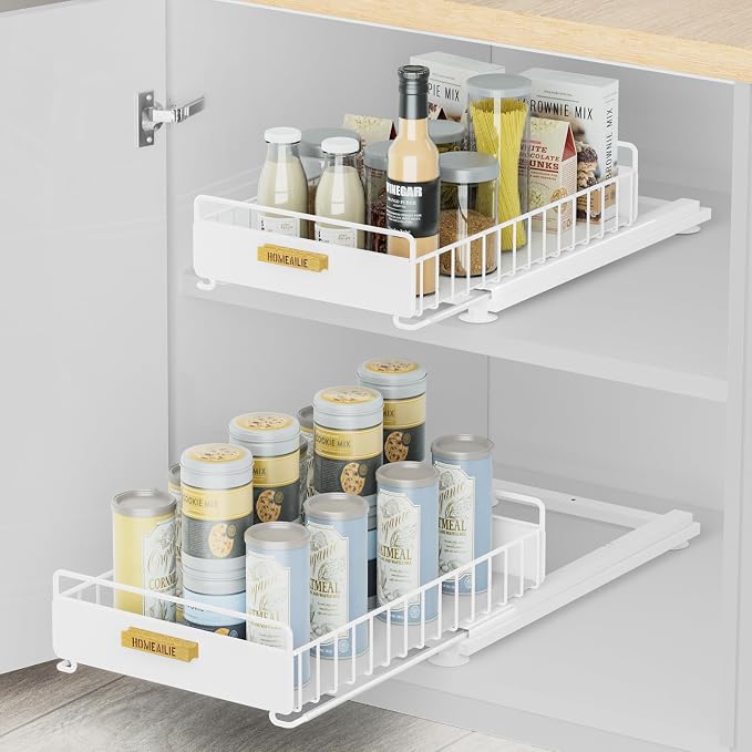 Under Sink Organizer, 2 Packs Under Sink Organizers and Storage, Slide Out Pull Out Cabinet Organizer Shelf with Metal Drawers for Kitchen Bathroom Pantry, White by HOMEAILIE