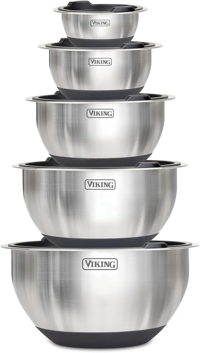 Viking Mixing Bowls Set, 10 Piece Stainless Steel Kitchen Cookware, Non-Slip Silicone Base, Includes Tight Fit Lids, Dishwasher Safe, Black by Unknown