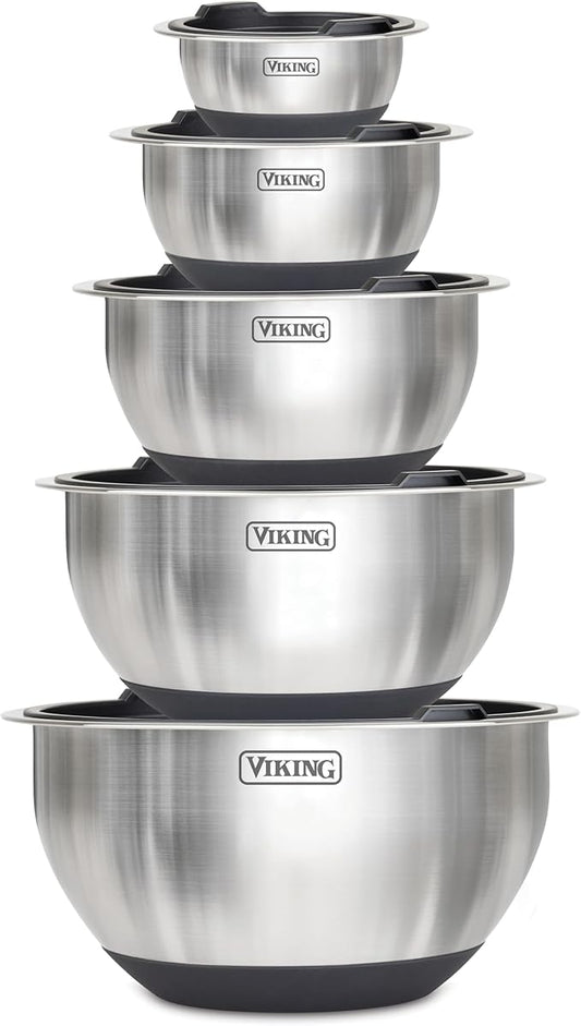 Viking Mixing Bowls Set, 10 Piece Stainless Steel Kitchen Cookware, Non-Slip Silicone Base, Includes Tight Fit Lids, Dishwasher Safe, Black by Unknown